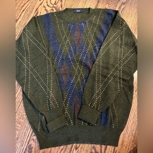 Men's Olive and Navy Argyle Crewneck Alpaca Sweater Large Made in Peru